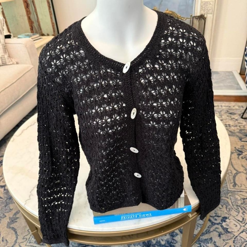 Sigrid Olsen Black silk crochet‎ cardigan with white buttons